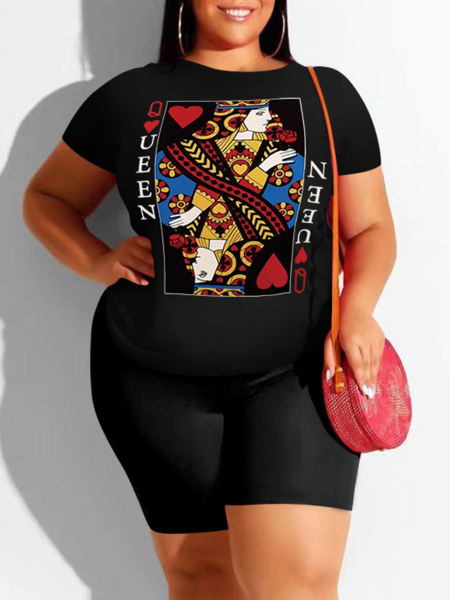

Lovely Plus Size Casual Poker Letter Print Black Two Piece Shorts Set