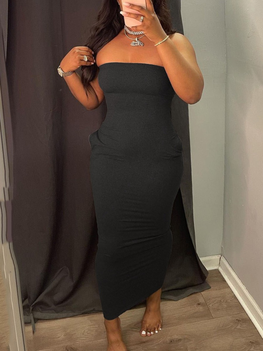 LW BASICS Casual Off The Shoulder Pocket Design Black Ankle Length Dress