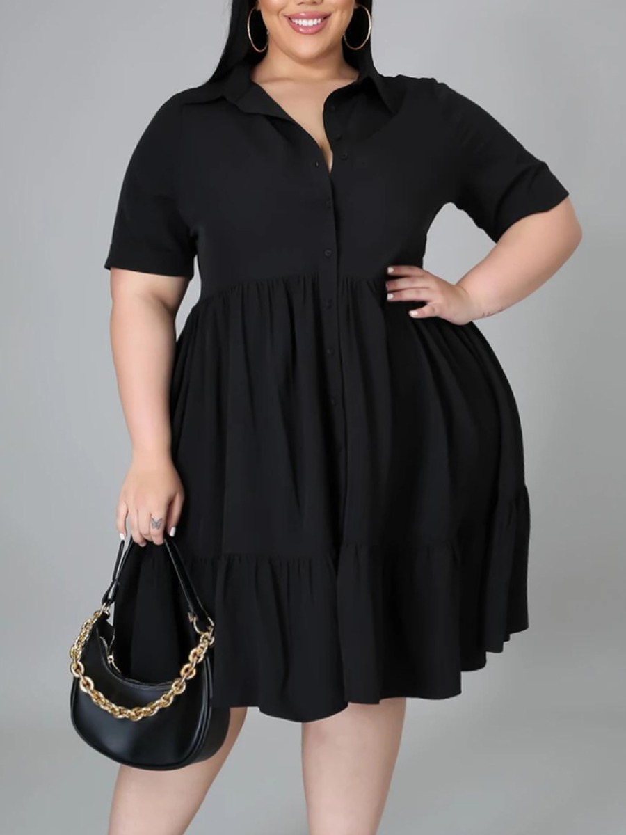 

LW Plus Size Casual Turndown Collar Fold Design Black Knee Length Dress
