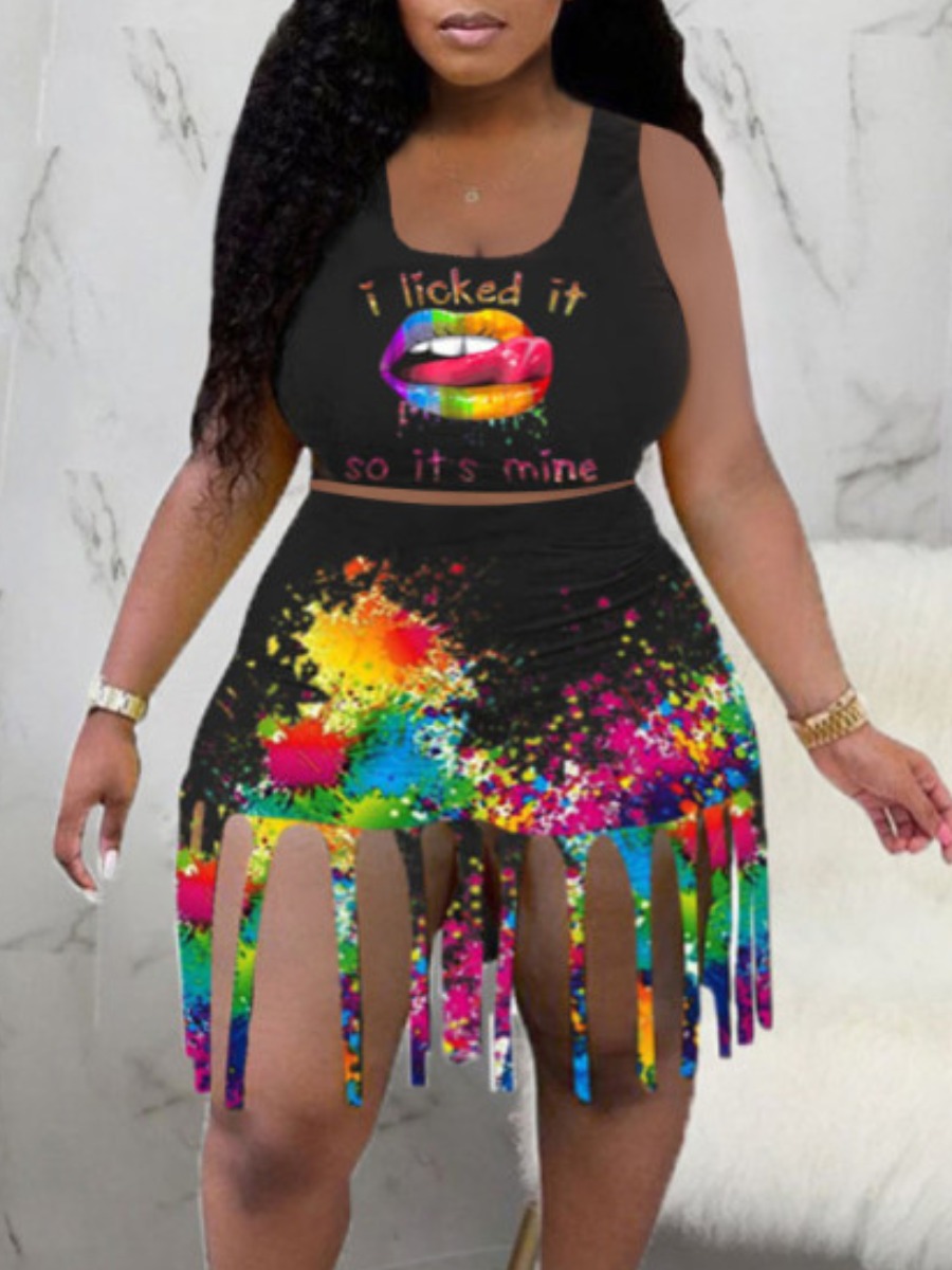 

Lovely Plus Size Street Splash-ink Tassel Design Black Two-piece Shorts Set