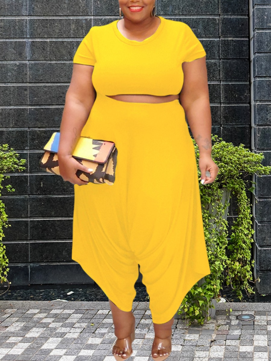 

LW Plus Size Street Fold Design Wide Leg Yellow Two-piece Pants Set