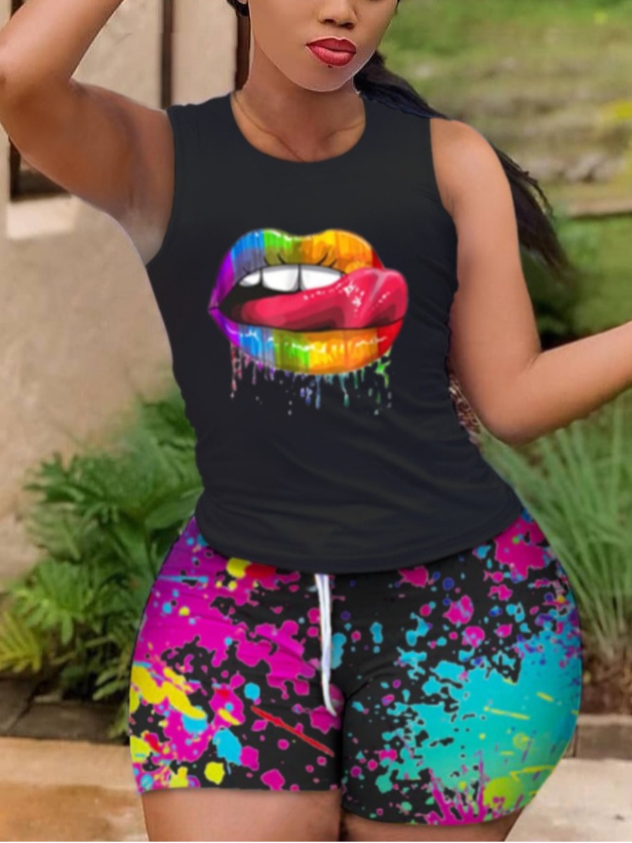 

LW Street Lip Print Splash-ink Design Black Two Piece Shorts Set