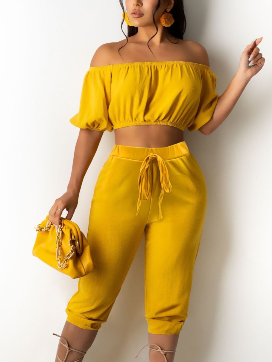 

Lovely Casual Off The Shoulder Drawstring Yellow Two Piece Shorts Set (Without Bag)