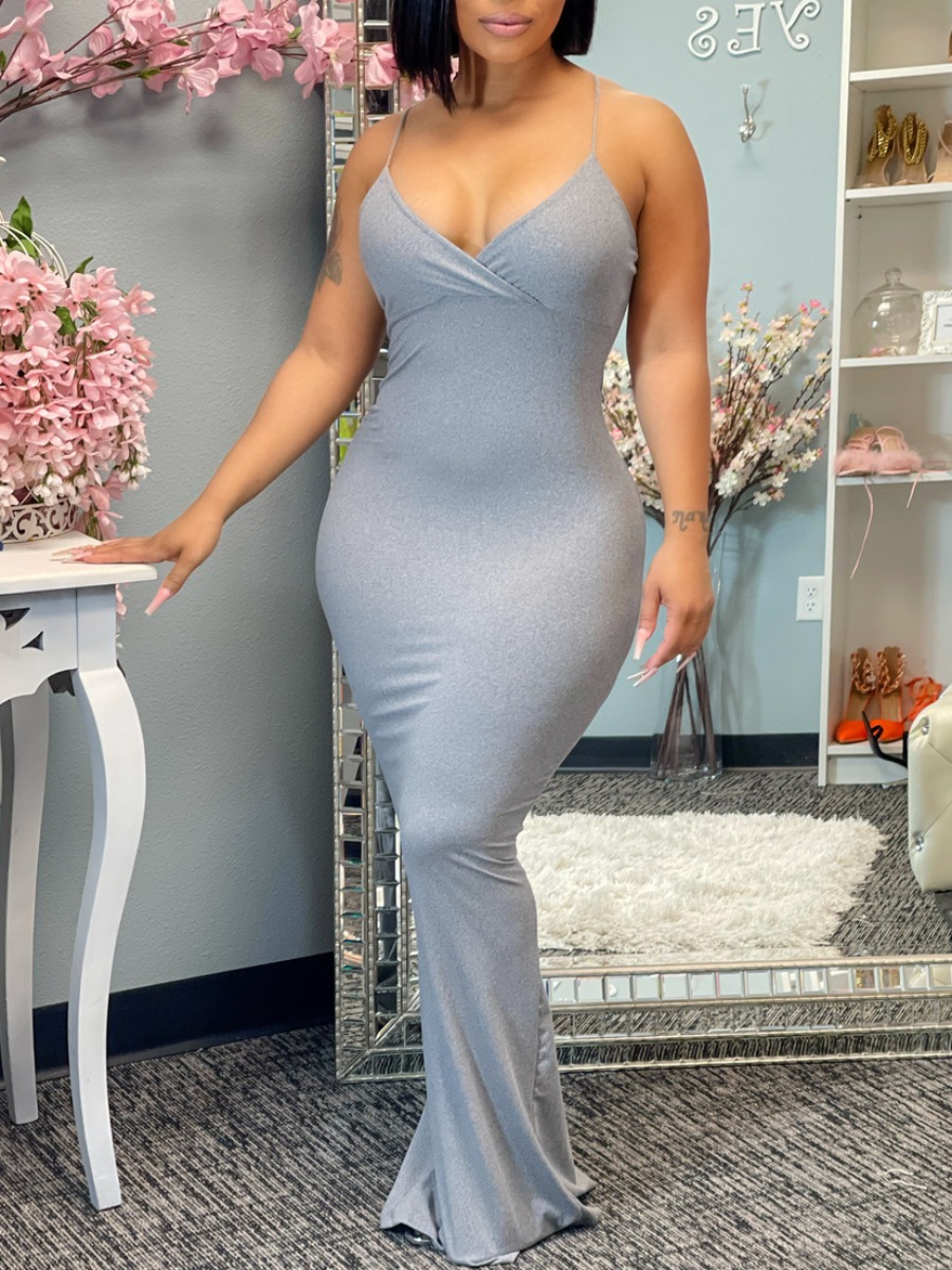

Lovely Sexy Spaghetti Strap Slit Grey Floor Length Dress