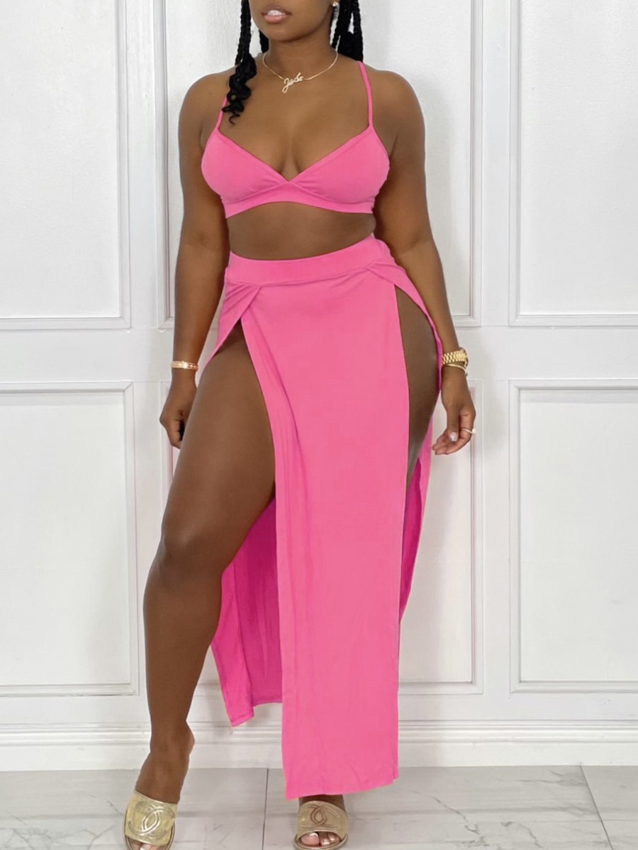 

LW SXY Spaghetti Strap Split Rose Red Two Piece Skirt Set
