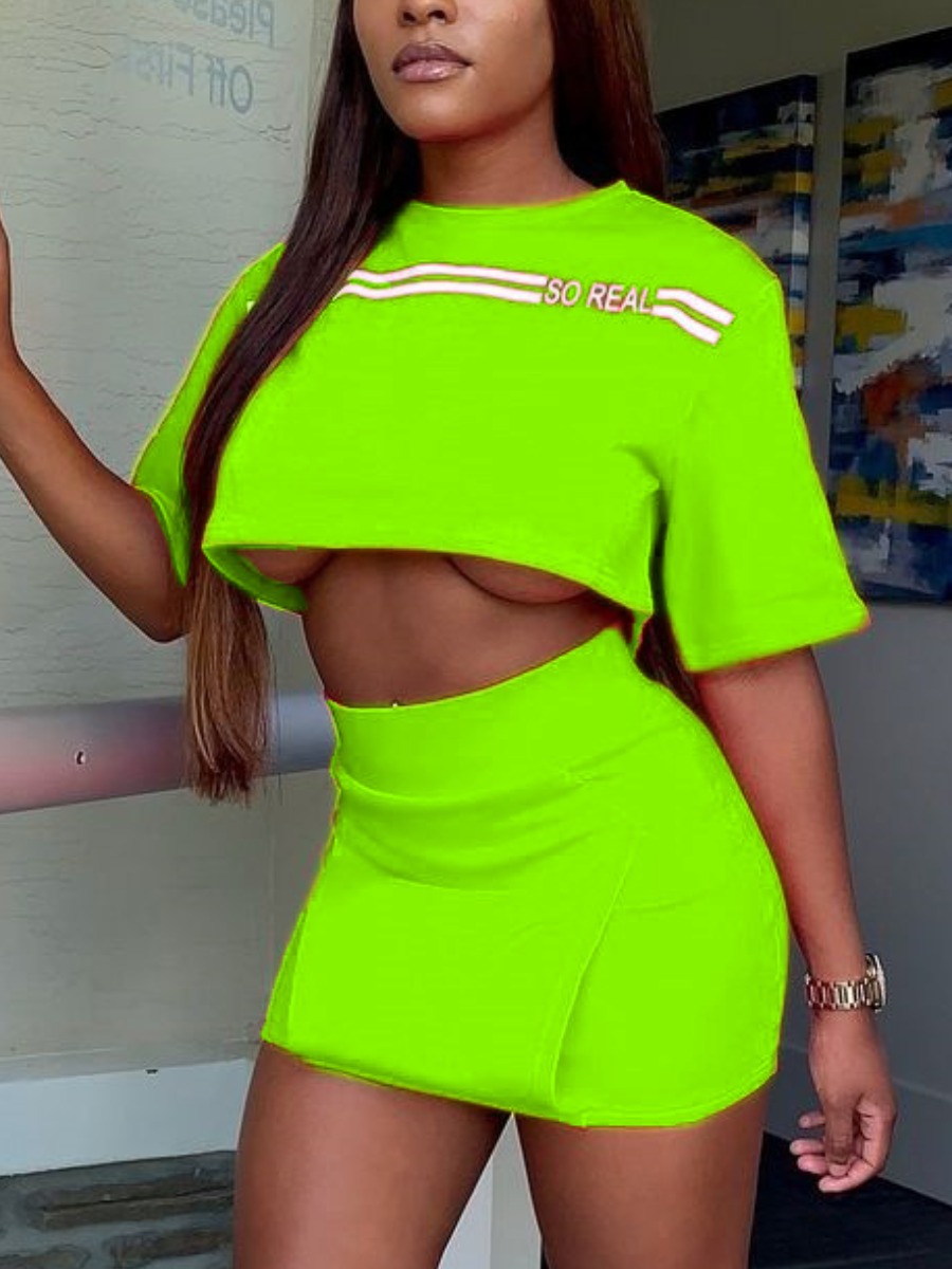 

Lovely Casual Letter Print Crop Top Green Two Piece Skirt Set