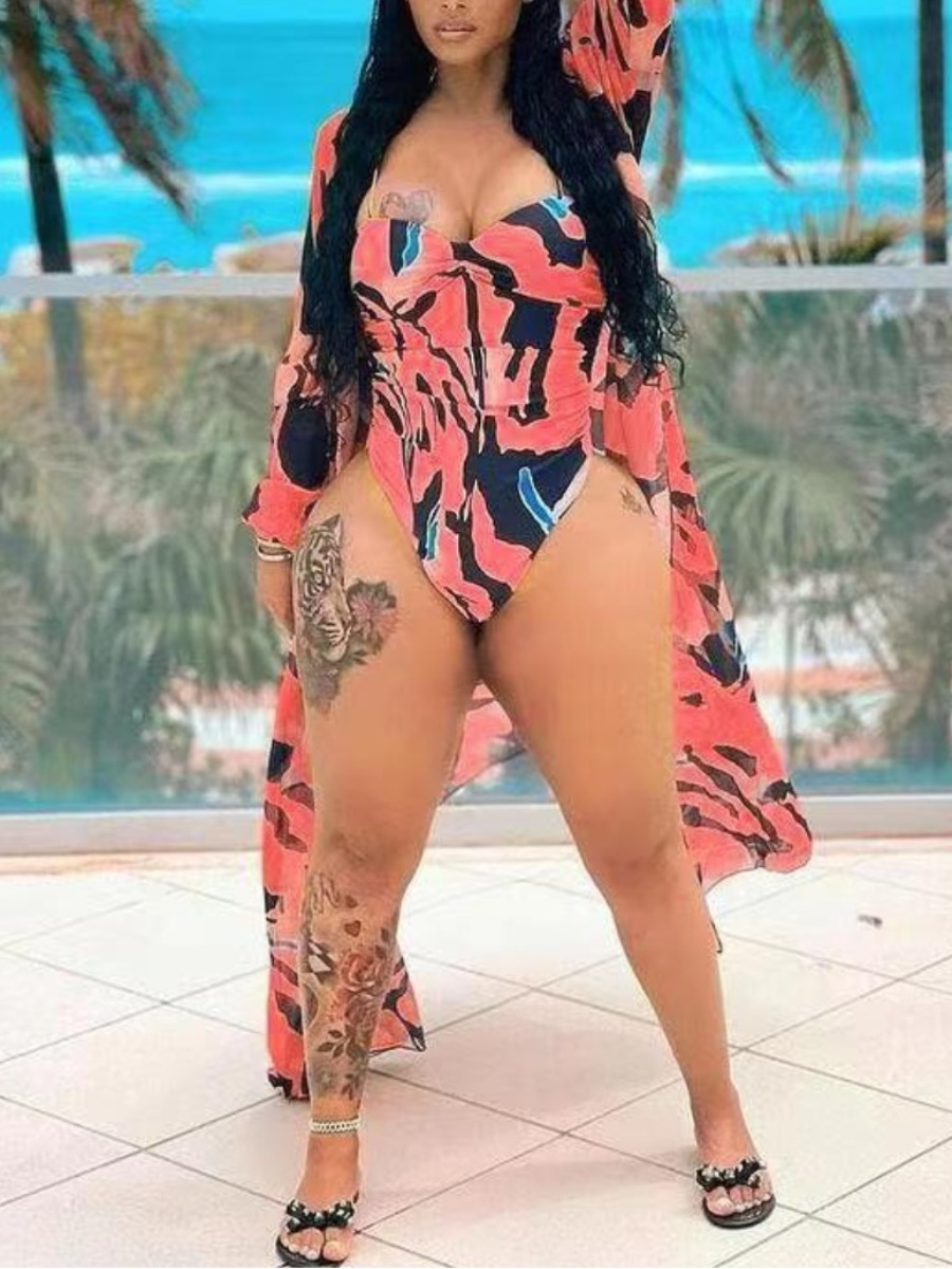 

Lovely Boho Print Patchwork Red One-piece Swimsuit (With Cover-up)