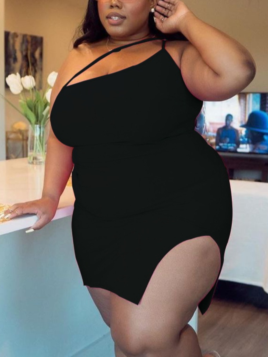 

LW SXY Plus Size One Shoulder Slit Black Mini Dress