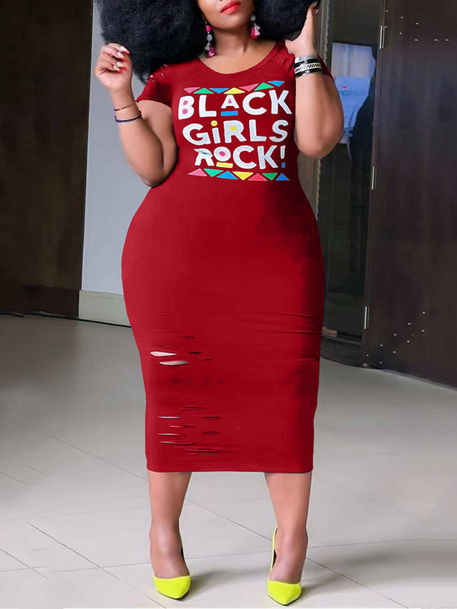 

Lovely Plus Size Casual Letter Print Ripped Wine Red Mid Calf Dress