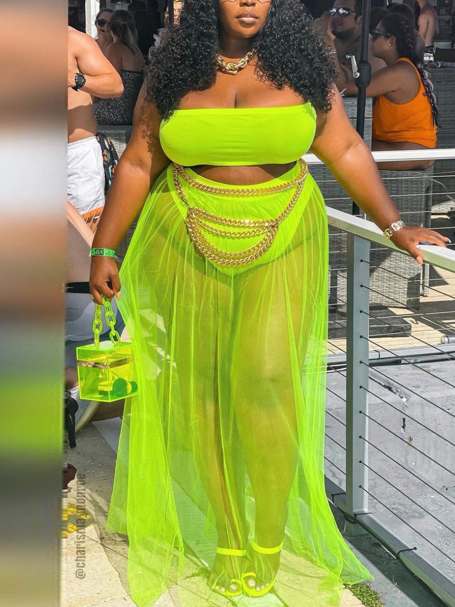 

Lovely Plus Size Boho Off The Shoulder See-through Green Two-piece Skirt Set (Without Body Chain)
