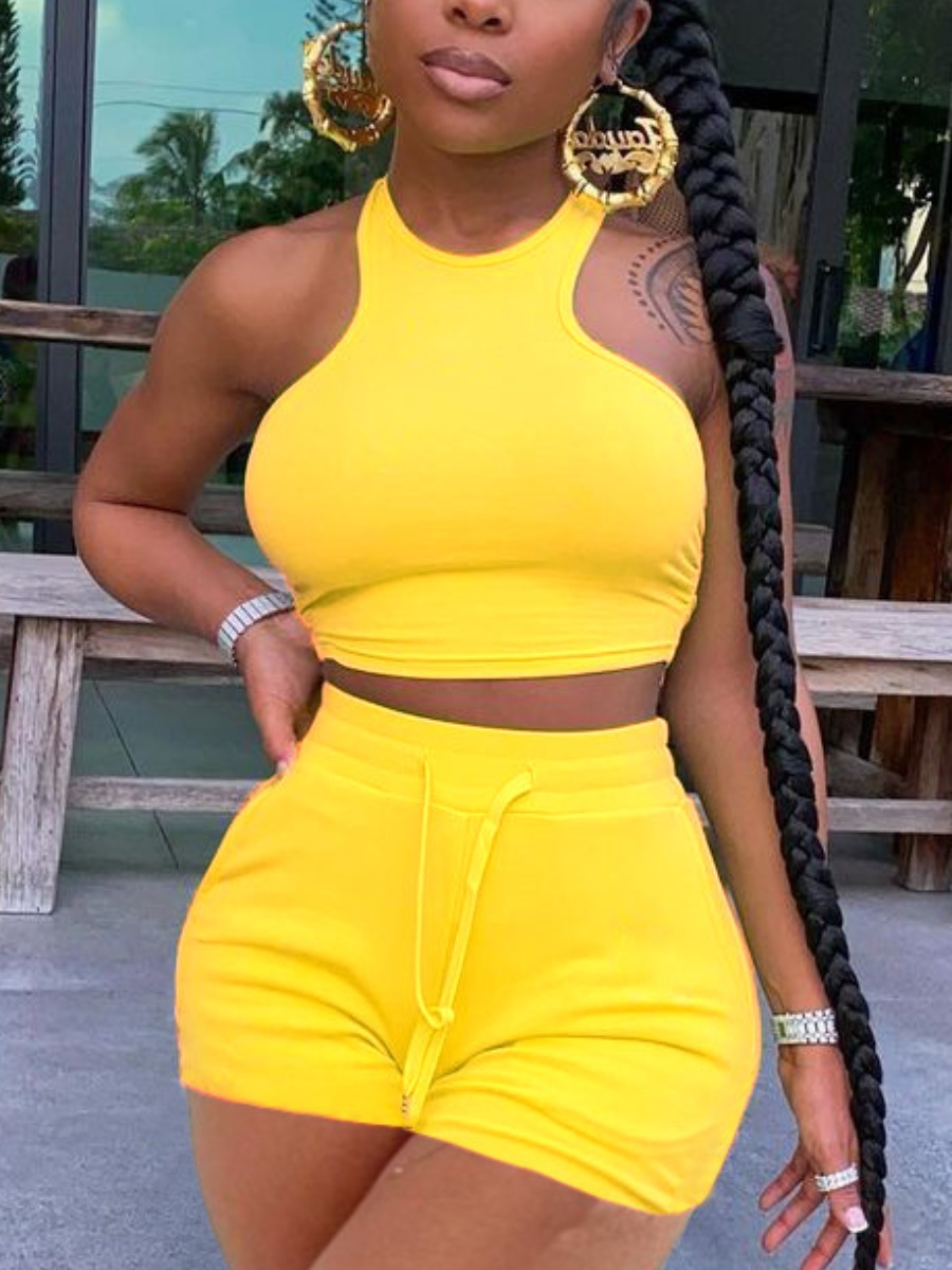 

LW Round Neck Drawstring Shorts Set, Yellow