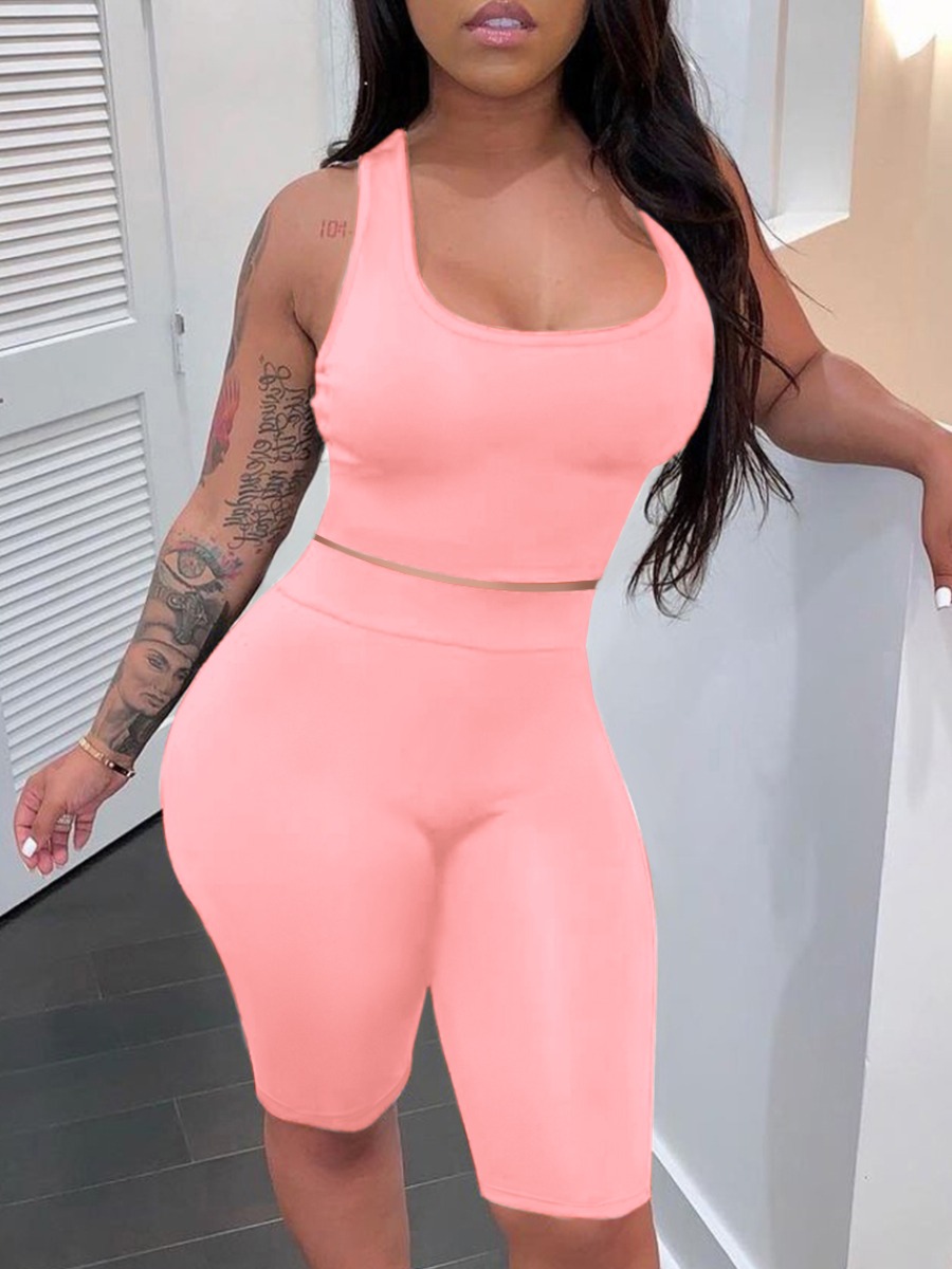 LovelyWholesale Bodycon Crop Top Shorts Set Summer Sleeveless Sporty Yoga U Neck Spring Summer 2024