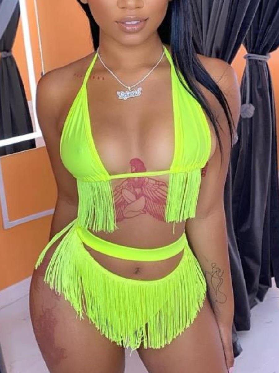 

Lovely Boho Hollow-out Tassel Design Green Two-piece Swimsuit