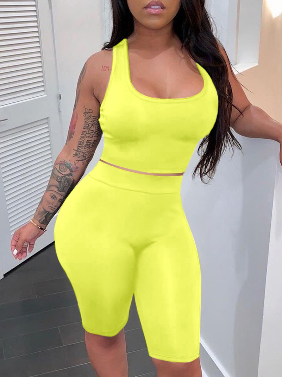 LovelyWholesale Bodycon Crop Top Shorts Set Summer Sleeveless Sporty Yoga U Neck Spring Summer 2024