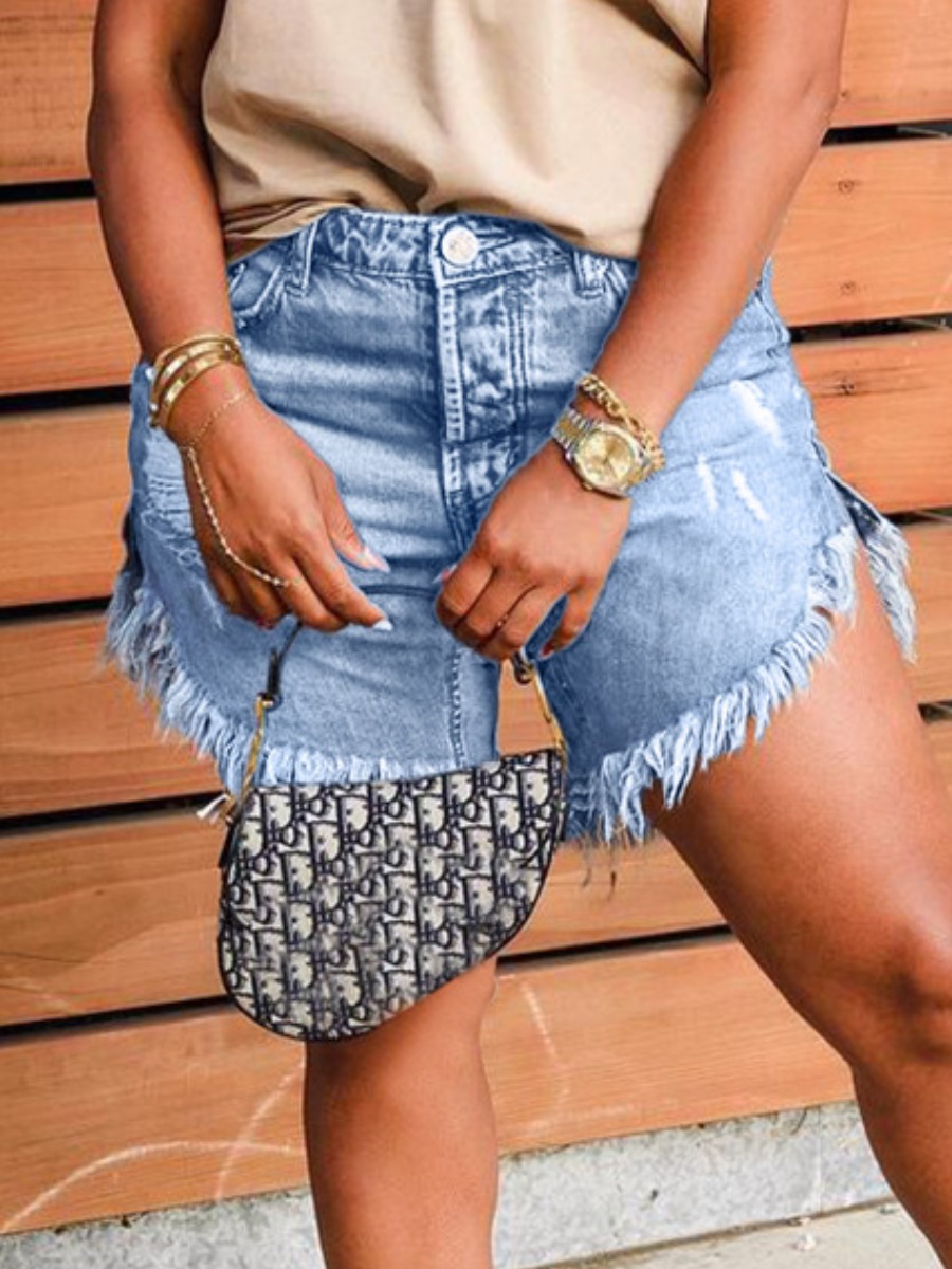 

Lovely Casual Mid Waist Raw Edge Blue Denim Shorts