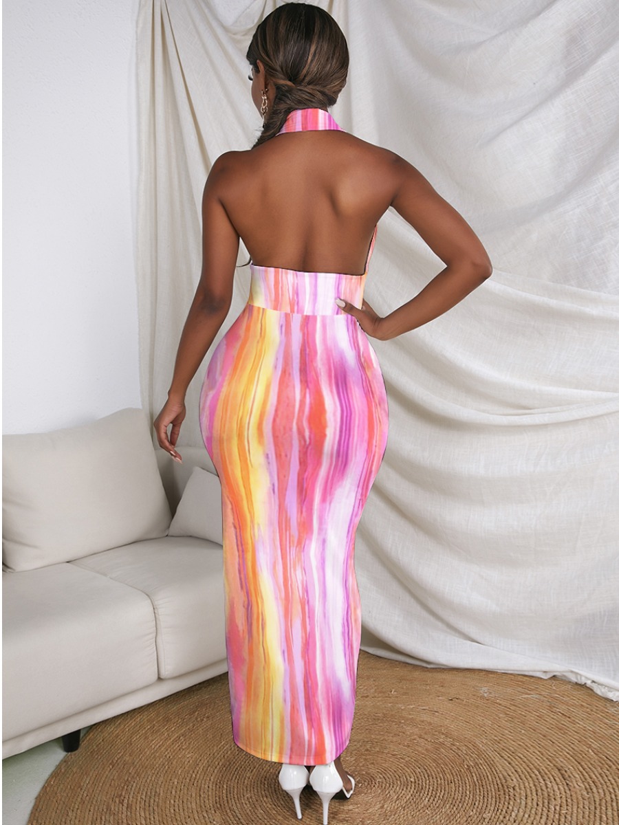 LW SXY Mixed Print Backless Pink Ankle Length Dress