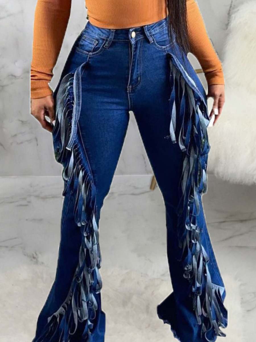 

LW Casual High-waisted Tassel Design Deep Blue Jeans