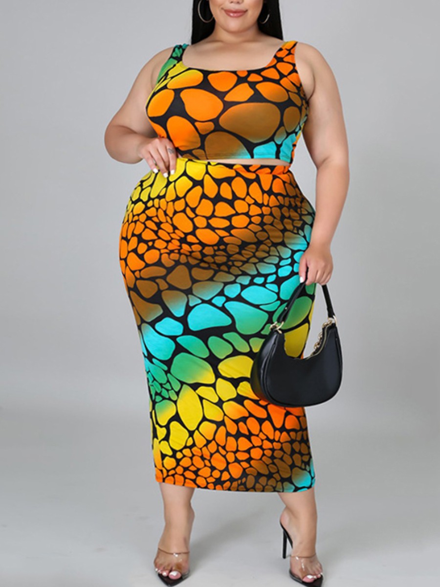 

Lovely Plus Size Casual Gradient Slit Orange Two-piece Skirt Set