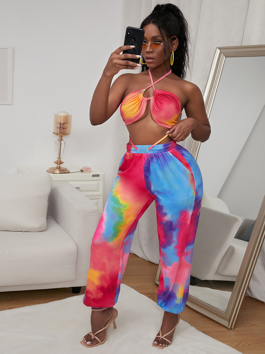 

LW SXY Tie-dye Drawstring Multicolor Two Piece Pants Set, Multi