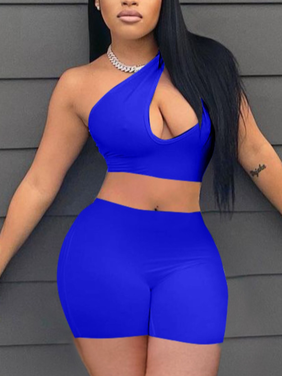 

Lovely Sexy One Shoulder Hollow-out Blue Two Piece Shorts Set