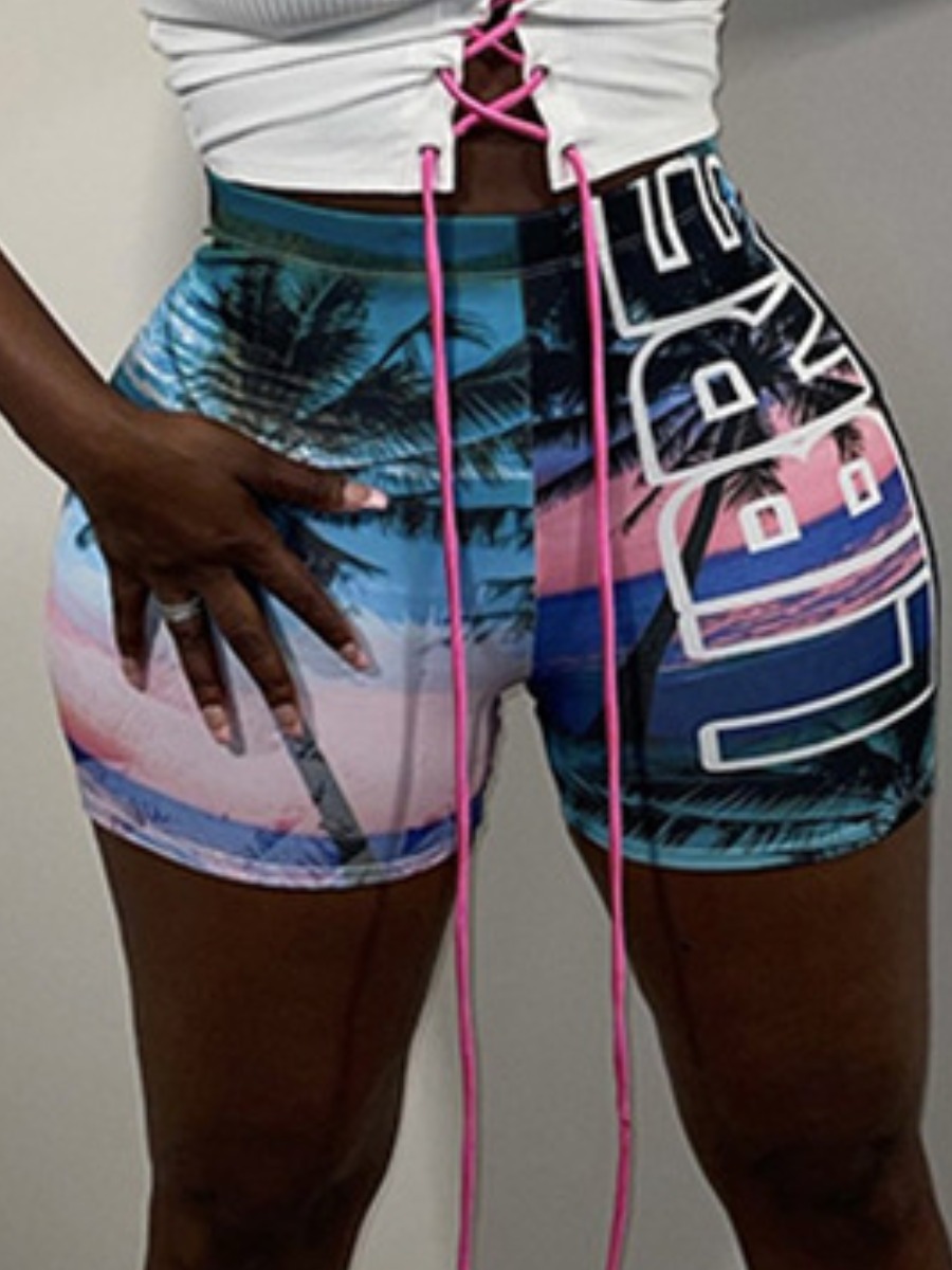 

Lovely Street Plant Letter Print Blue Shorts