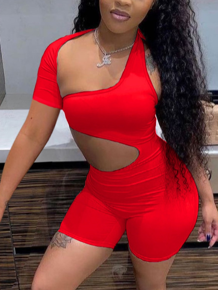 

LW Street One Shoulder Hollow-out Red One-piece Romper