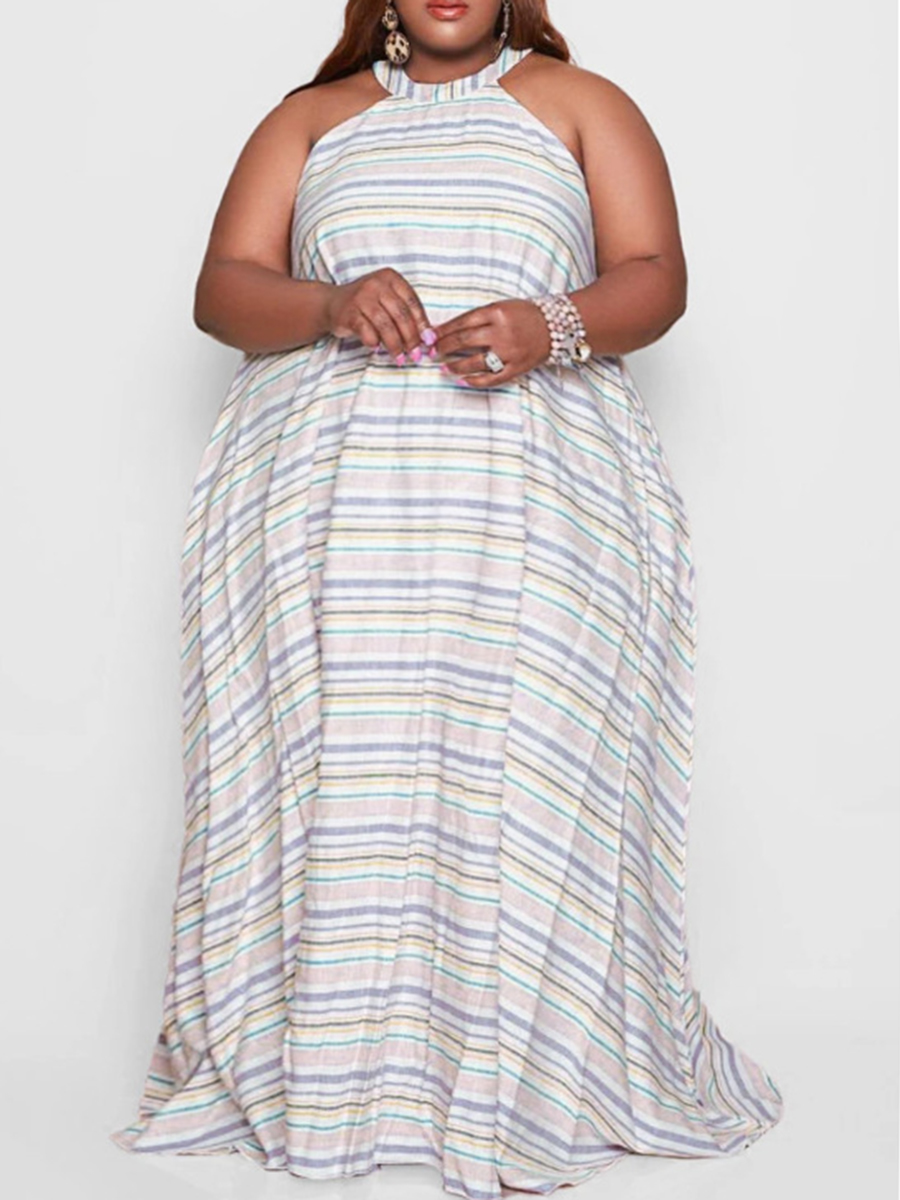 

Lovely Plus Size Casual Round Neck Striped White Floor Length Dress