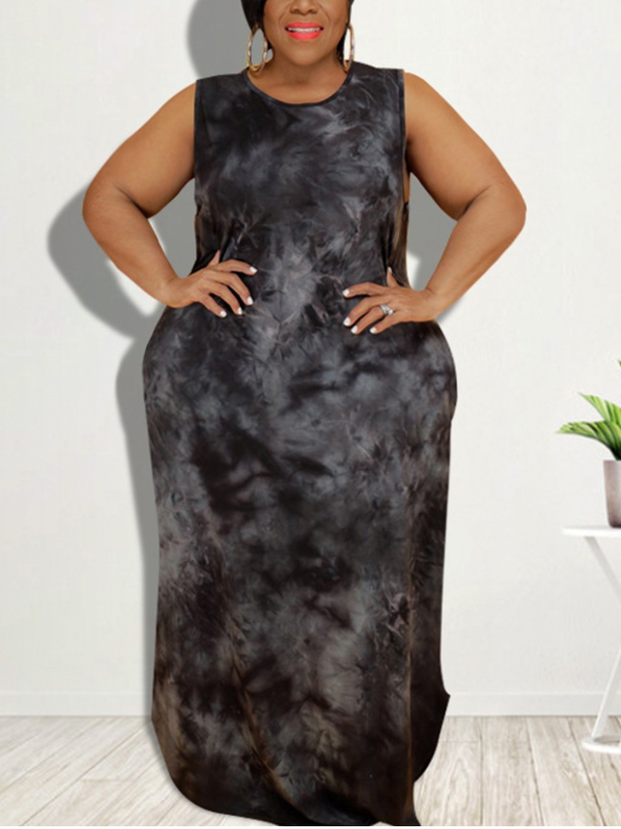 

Lovely Plus Size Casual Round Neck Tie-dye Black Floor Length Dress