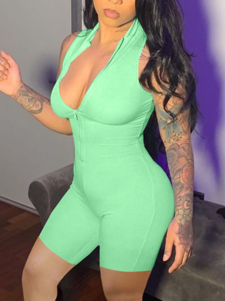 

LW Casual Zipper Design Basic Skinny Green One-piece Romper