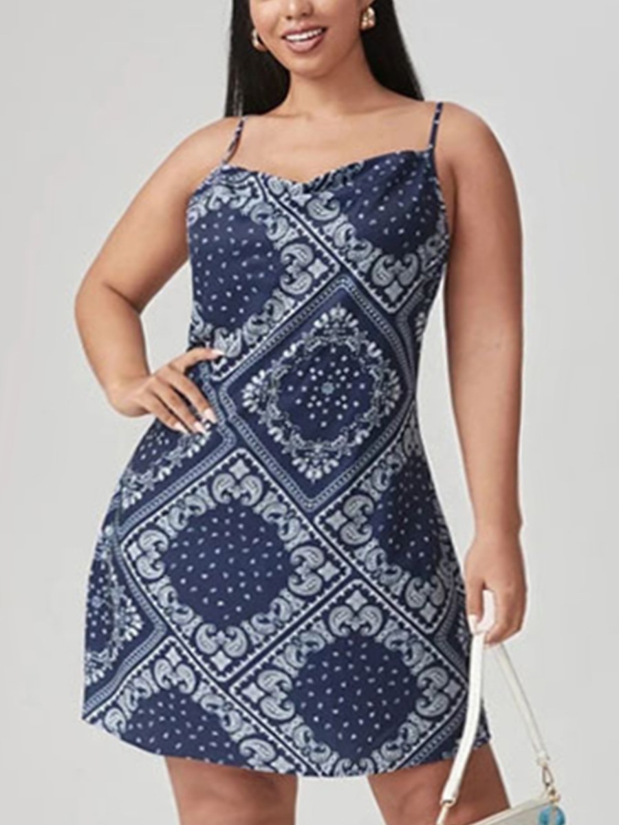 

LW Plus Size Casual Print Backless Dark Blue Mini Dress