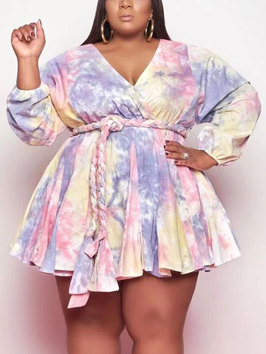 

LW Plus Size Boho Tie-dye Bandage Fold Design Purple Mini A Line Dress