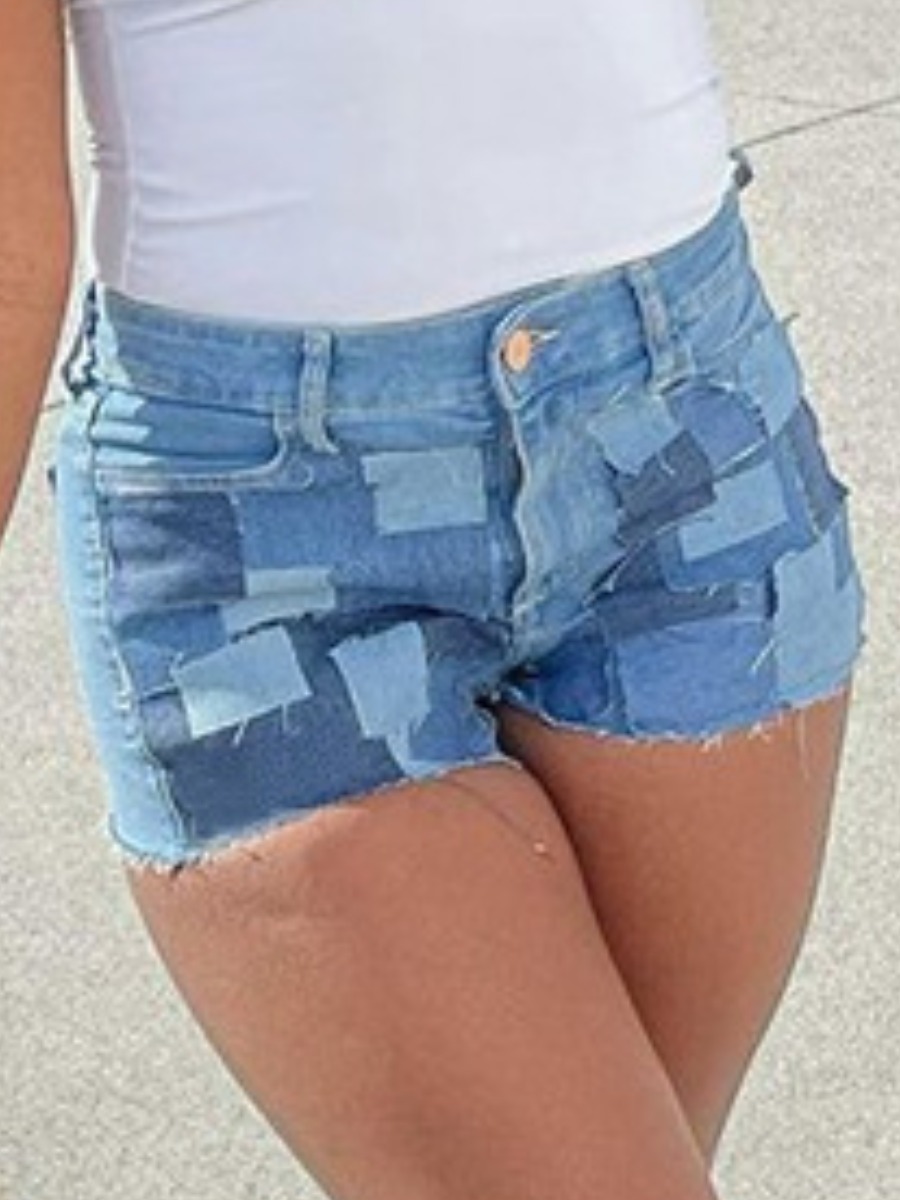

LW BASICS Casual Raw Edge Patchwork Baby Blue Denim Shorts