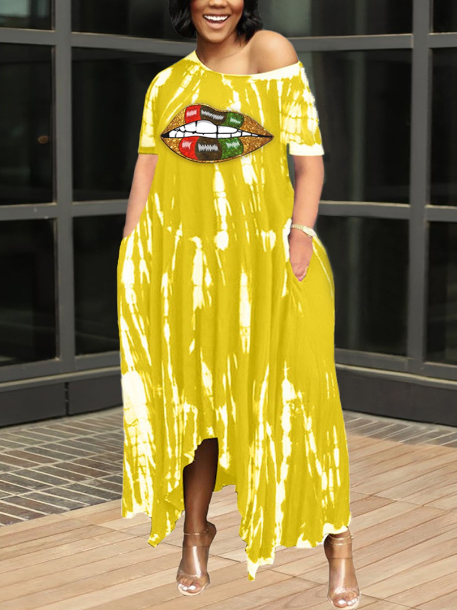 

Lovely Plus Size Casual Lip Print Tie-dye Yellow Ankle Length Asymmetrical Dress