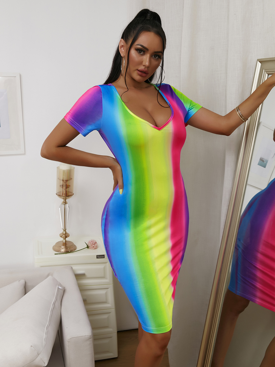 

LW Casual V Neck Rainbow Striped Multicolor Knee Length Dress, Multicolor mstn