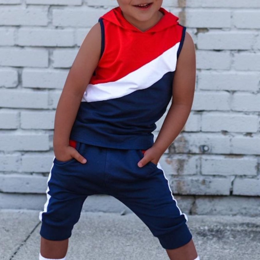

Lovely Boy Street Hooded Collar Independence Day Red Two Piece Shorts Set