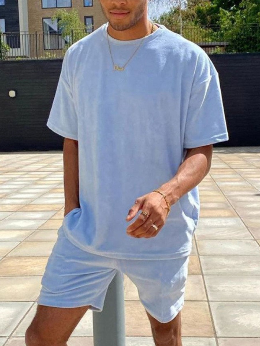 

Lovely Men Casual Round Neck Drawstring Baby Blue Two Piece Shorts Set