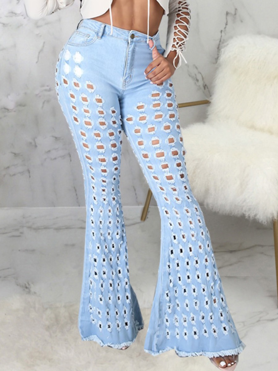 

LW Street Hollow-out Flared Baby Blue Jeans