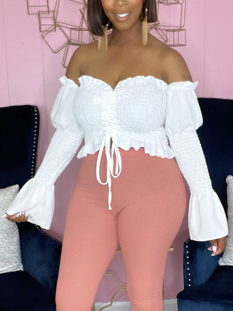

LW Sweet Frill Trim Shirred Drawstring White Blouse