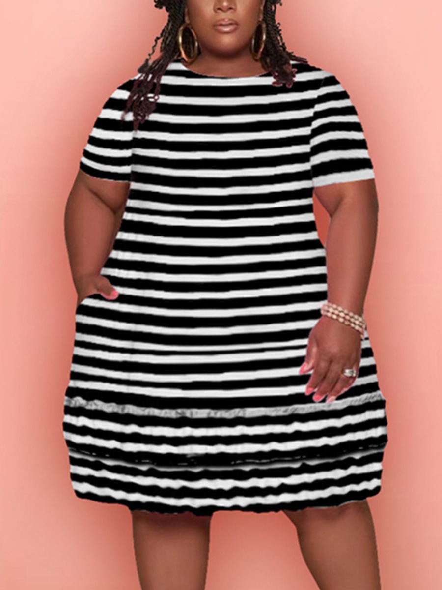 

Lovely Plus Size Casual Round Neck Striped Black Knee Length Dress