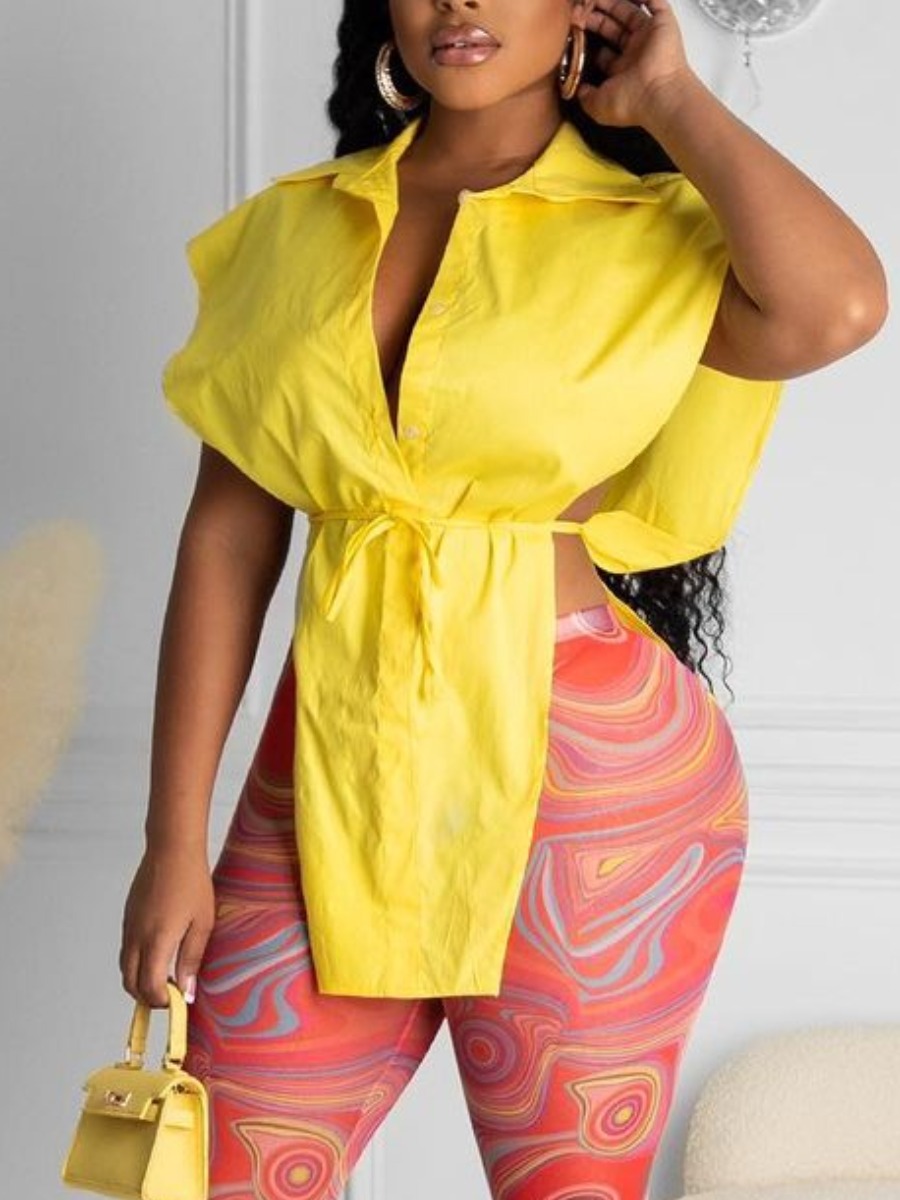 

LW Casual Split Bandage Design Yellow Blouse