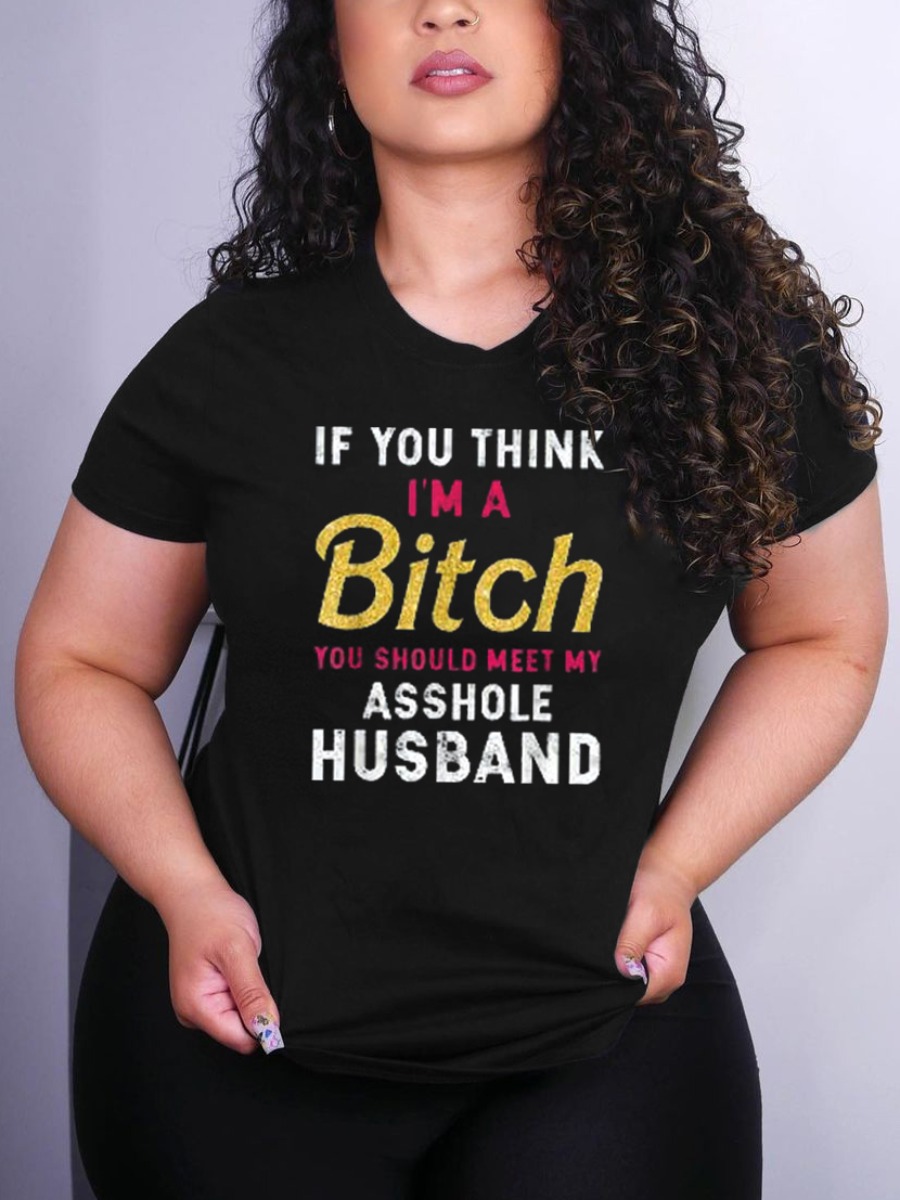 

LW Casual Round Neck Letter Print Black T-shirt