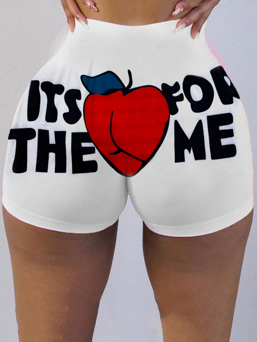 

Lovely Casual Mid Waist Fruit Letter Print White Shorts
