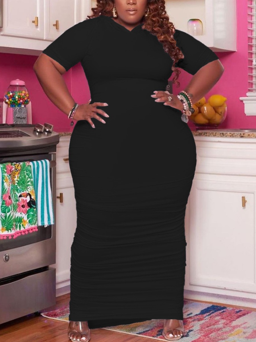 

LW Plus Size Casual Round Neck Ruched Black Ankle Length Dress