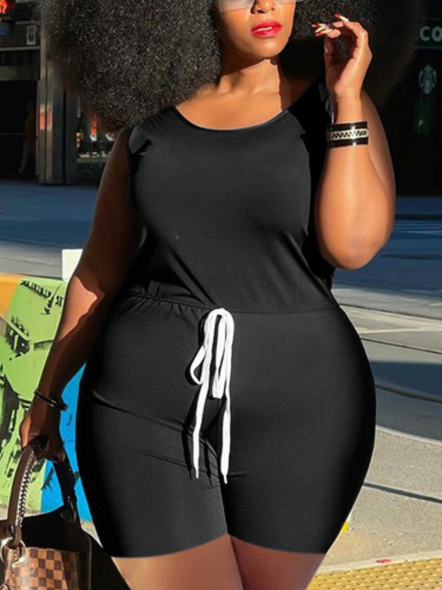 

LW Plus Size U Neck Drawstring Romper, Black