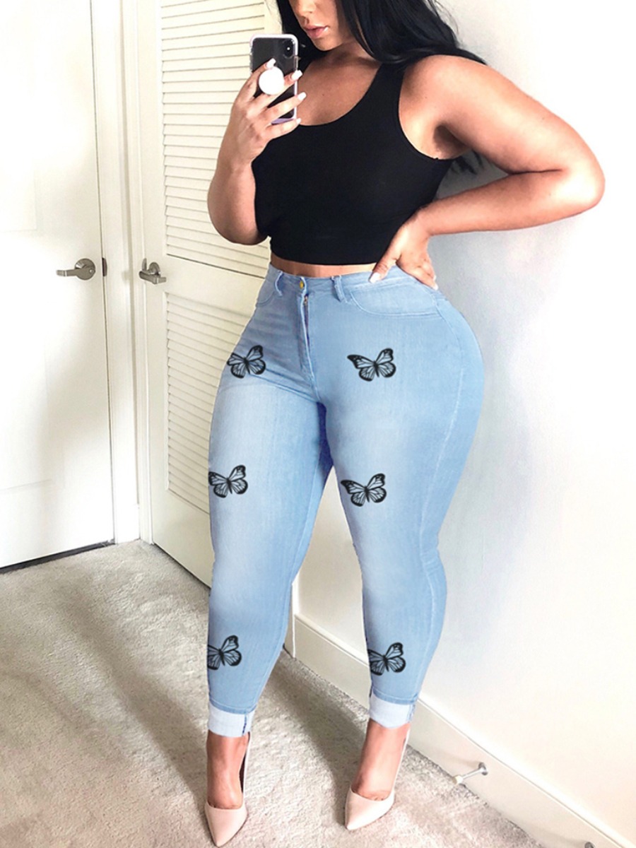 

LW Plus Size High-waisted Stretch Butterfly Print Baby Jeans, Baby blue