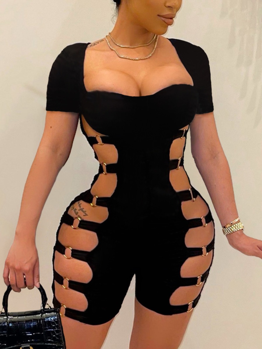 

LW SXY Hollow-out Ring Detail Black One-piece Romper