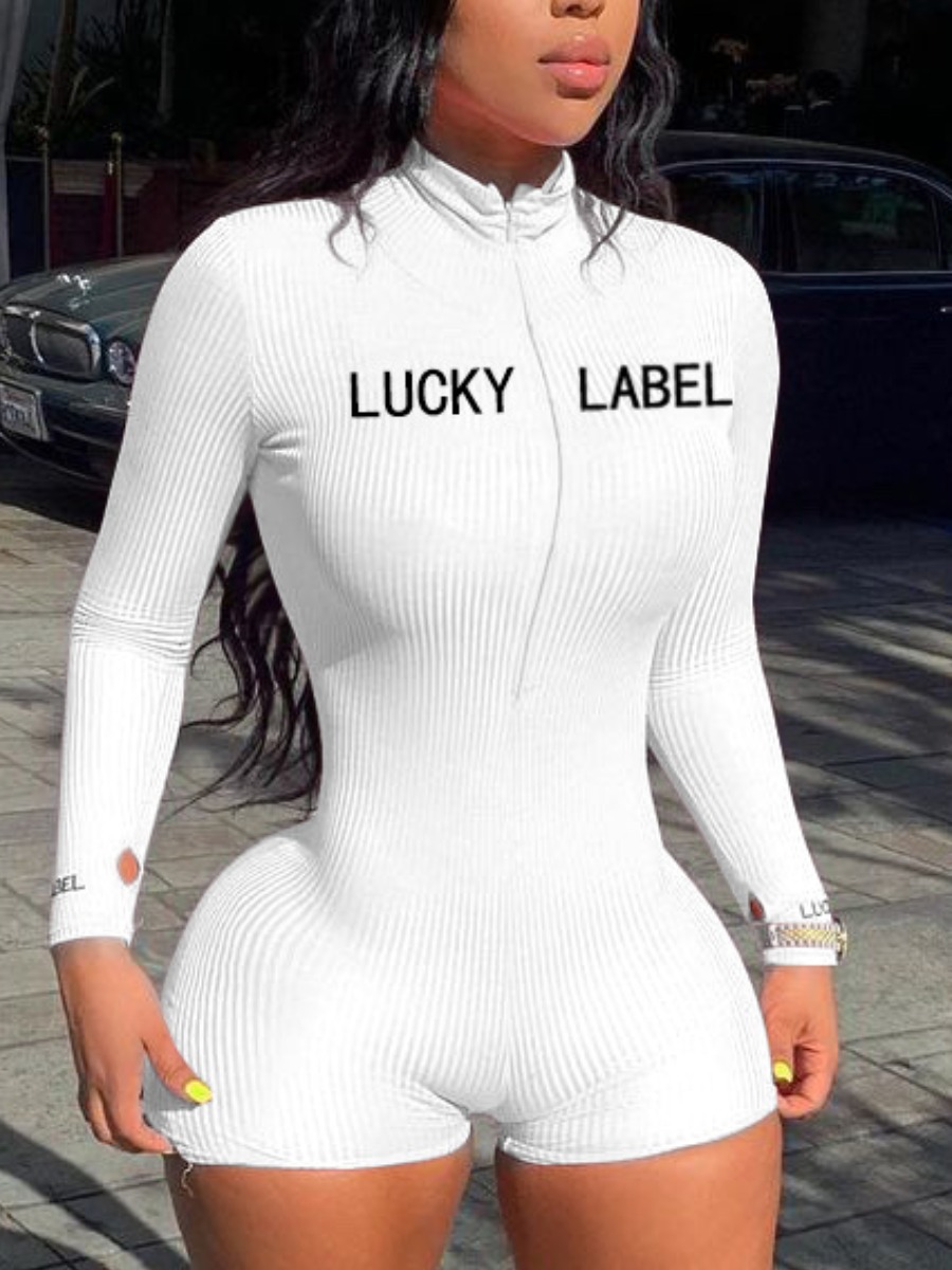 

LW Casual Letter Print Rib-Knit White One-piece Romper