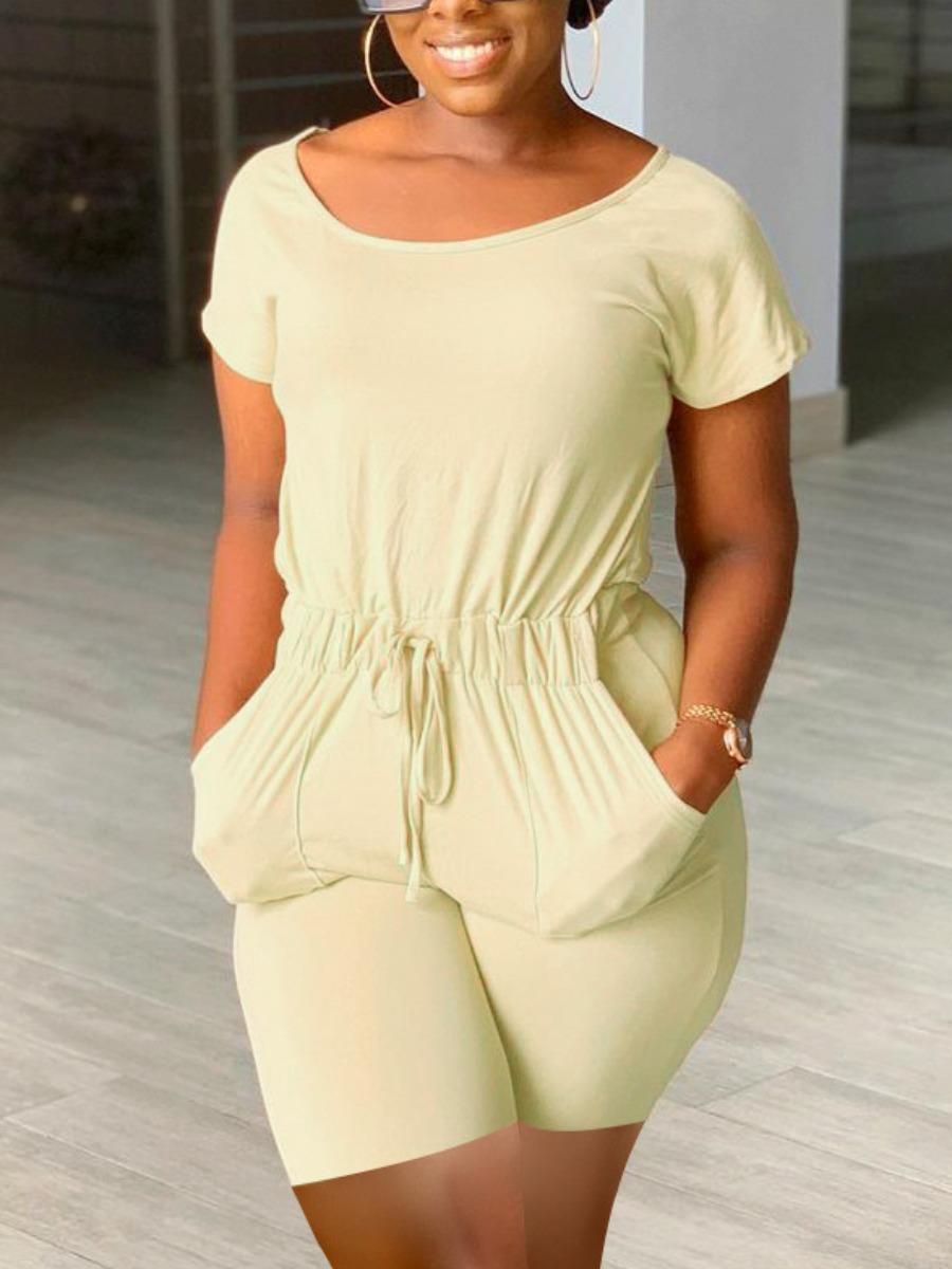 

Lovely Casual Round Neck Drawstring Cream-colored One-piece Romper