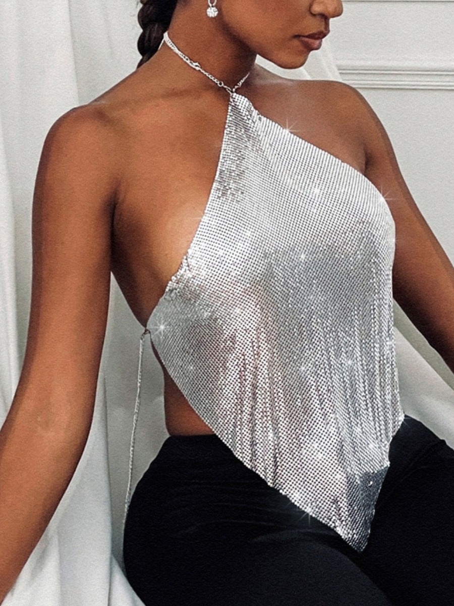 

Lovely Sexy Backless Sequined Silver Camisole