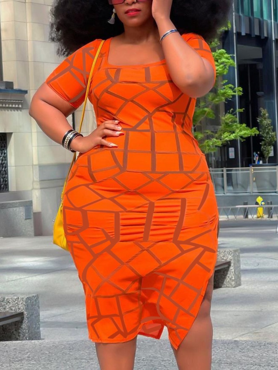 

Lovely Plus Size Casual Plaid Print Slit Orange Mid Calf Dress